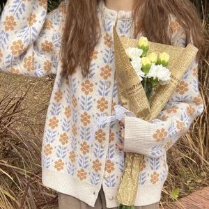 Sweater cardigan flower knit button blue cream gray  khaki long sleeve